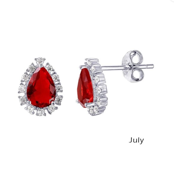 Sterling Silver 925 Rhodium Plated Teardrop Halo CZ Birthstone Earrings July